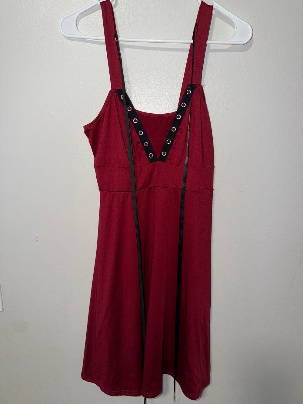 Likecolors Burgundy Mini Dress Grommet V Neck Detail Wide Straps Stretch Knit